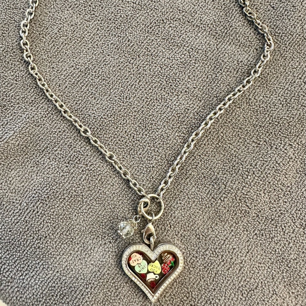 Origami Owl Silver Heart Living Locket- 6 charms, 5 red crystals and 1 dangle